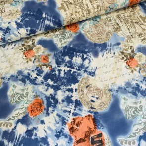 Poplin stretch wit met Griekse letter en roos print blauw/rood