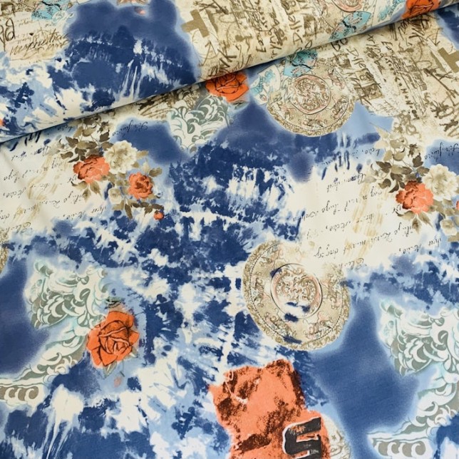 Poplin stretch wit met Griekse letter en roos print blauw/rood Poplin stretch wit met Griekse letter en roos print blauw/rood